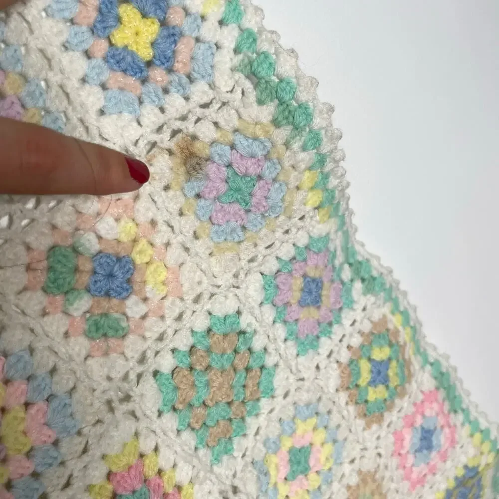 Handmade Crochet Granny Square Baby Blanket Small Ivory Pastel Colorful Knit